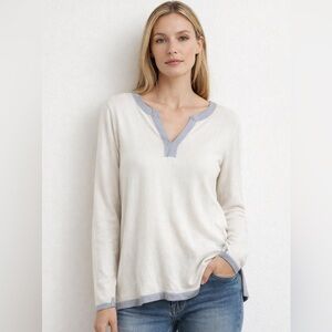 Duffield Lane Cashmere V Neck‎ Pullover Sweater Cream Gray Medium